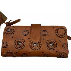 VILENCA Women's Leather Flap Wallet With‎ Circular Details Brown Metal Accents